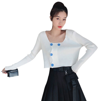 

Solid Color Women Button knitted Tshirt Autumn Ladies Long Sleeve Solid Color Harajuku Top Clothes Streetwear