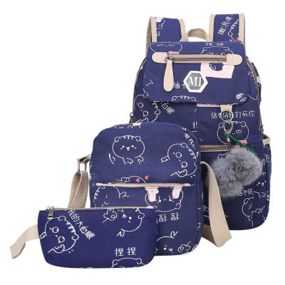 

3pcsSet Cute Cartoon Print Women Men Canvas Backpacks Shoulder School Bags