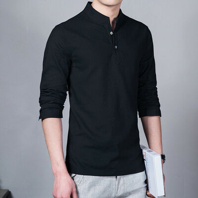 

Mens Summer Cotton Linen T Shirt Tops Casual Loose V Neck Long Sleeve Tee