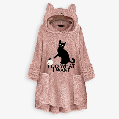 

Tailored Women Fleece Embroidery Cat Ear Plus Size Hoodie Pocket Top Sweater Blouse