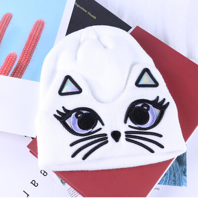 

Tailored Women Winter Warm Cartoon Cat Embroidery Knitted Sleeve Hat Plus Velvet Wool Cap