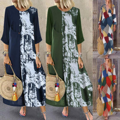 

Women Cotton Linen Maxi Dress Long Sleeve Casual Boho Kaftan Floral Tunic Dress