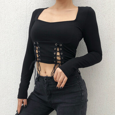 

Starmoon Women Causal Gothic Punkt Square Solid Full Sleeve Loose T-shirt Blouse Tops