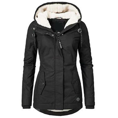 

Womens Casual Solid Color Hooded Jacket Thick Zipper Pocket Long Sleeve Coat