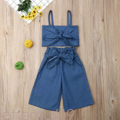 

US Toddler Baby Girl Clothes Sling Denim Vest Tops Long Pants 2PCS Outfit Summer