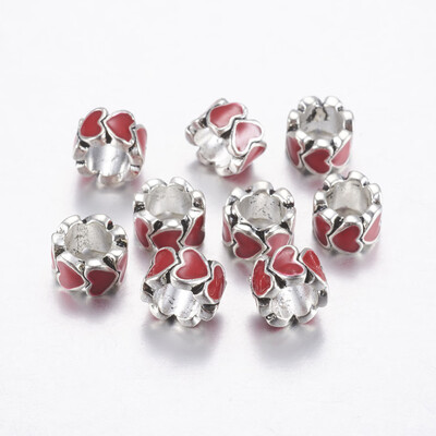 

Tibetan Style Alloy European Beads Large Hole Beads with Enamel Column&Heart Red Antique Silver 10x6mm Hole 5mm
