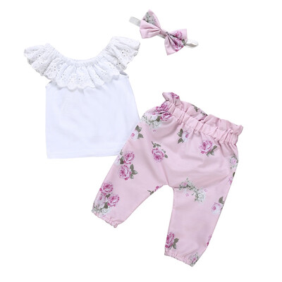 

Summer Toddler Girl Sleeveless Lace Collar T-shirt Blouse Tops Floral Pants with Headband Casual Outfits