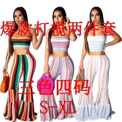 

The new CY1166ebay Amazon wish explosion models European&American womens striped print tube top to play flared pants sets Lig