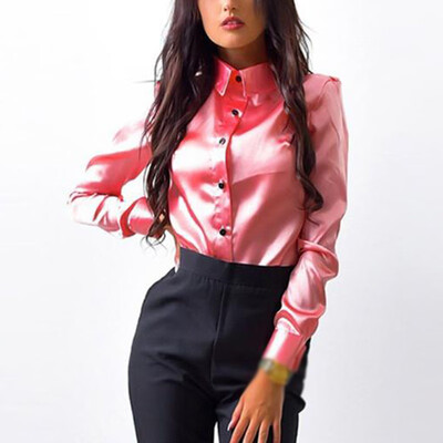 

Women Silky Business Office Casual Tops Blouse Long Sleeve Lapels Button Shirts