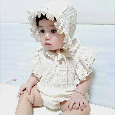 

Lovely Infant Summer Short Sleeves Lotus Leaf Collar Solid Color Jumpsuit Climb Soft Hat 2pcs 0-3Y Newborn Baby Clothes