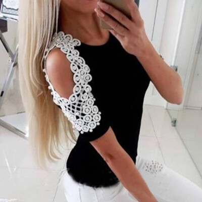 

Women Beaded Off Shoulder Stitching Round Neck Short Sleeve Summer Embroidery Cotton Casual T-Shirt