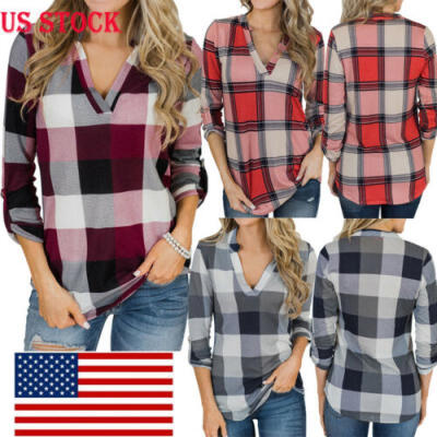 

US Women Vintage V-neck Loose Tops Long Sleeve Sexy T-Shirt Plaid Casual Blouse