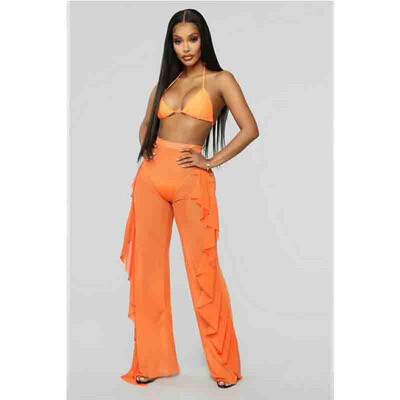 

Sexy Women Beach Mesh Ruffle Sheer Wide Leg Pants Trousers Bikini Cover Up S-XXL