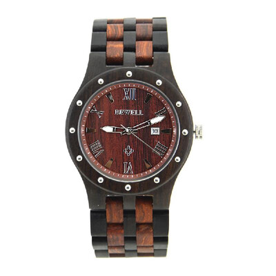 

BEWELL Trendy Unique Wood Quartz Men Watch Water-resistant Lightweight Luminous Unisex Wristwatch with Calendar BlackRed Sandalwo
