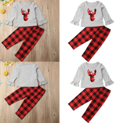 

Christmas Kids Xmas Toddler Baby Girl Tops Plaid Pants Leggings Clothes Outfit