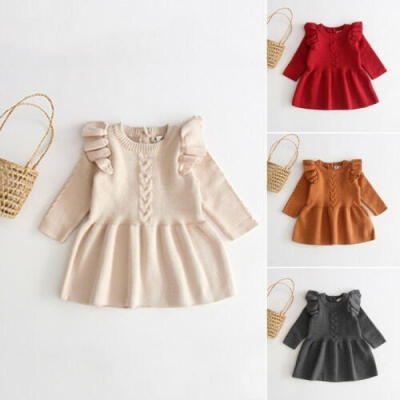 

0-5Y Kids Baby Girls Tops Sweater Dress Ruffles Long Sleeve Solid Knit Warm Dress A-Line Dress Outfit Autumn Winter