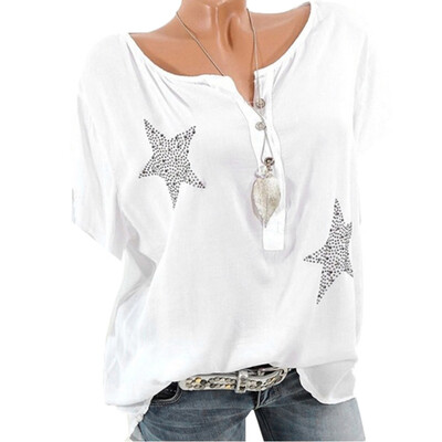 

Starmoon Women Button Five-pointed Star Hot Drill Plus Size Tops Blouse