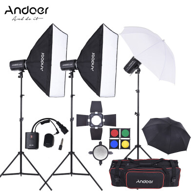 

Andoer MD-300 900W 300W 3 Studio Strobe Flash Light Kit with Light Stand Softbox Lambency Unbrella Barn Door Flash Trigger Car