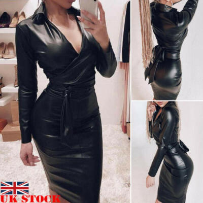 

Women Ladies Sexy PU Leather Evening Party Club V Neck Midi Bodycon Dress 6-12