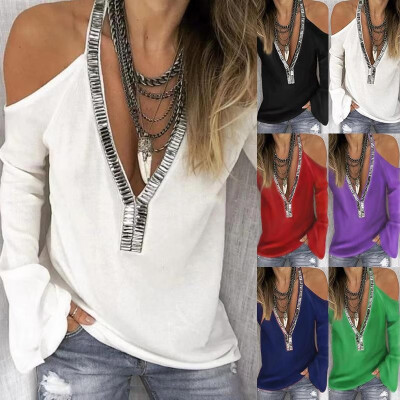 

2019 Europe&the United States wish cross-border new casual womens solid color stitching V-neck sequins long-sleeved T-shirt f