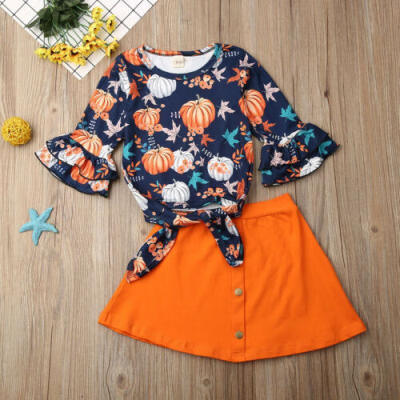 

Toddler Baby Girls Halloween Long Sleeve Pumpkin TopsSkirts Cotton Outfits Set