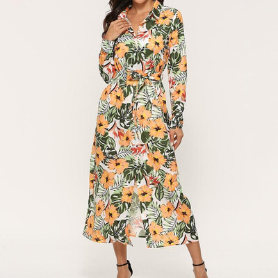 

Fashion Women Autumn Chiffon Floral Print Dress Turn-Down Collar Long Sleeve Buttons Sashes Casual Holiday Shirt Dress