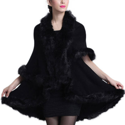 

Women Fine Knit Open Front Faux Fur Trim Layers Poncho Cape Shawl Cloak Cardigan Sweater Cape Coat New Arrived