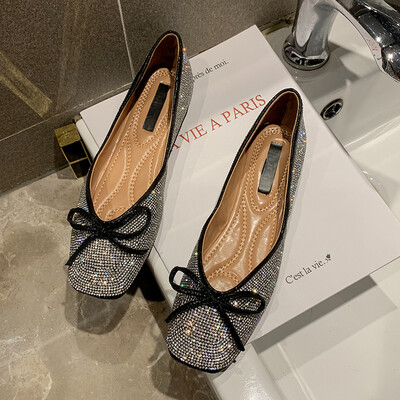 

Flat sole single shoe womens Korean version 100-tie bow-tie womens shoes soft sole boat shoes womens Diamond Fairy wind ladle s