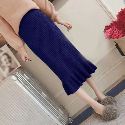 

Womens Autumn & Winter Knitted Long Skirt High Waist Ruffled Slim Bodycon Skirt