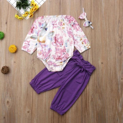 

3PCS Baby Girls Outfits Floral Romper TopsRuffle Wide Leg Pants Set Toddler Autumn Clothes