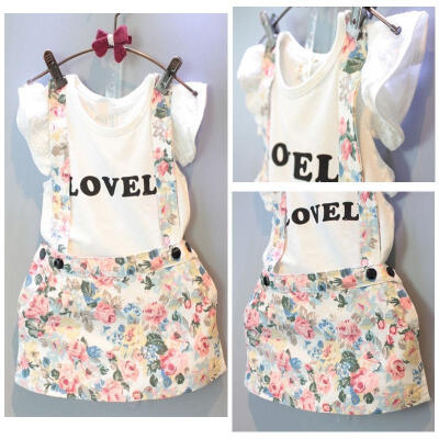 

Kids Baby Girl Dress Cotton Tops T-shirtSuspender Skirt Overalls Outfits Set