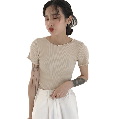

Womens Fashion Ruffles O Neck Solid Short Sleeve Knitted Crop Top
