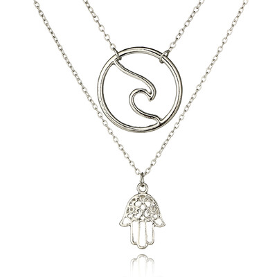 

Tocona Boho Wave Round Necklace Hamsa Layered Necklace Silver Chain Choker Coin Necklace Women Accessories Collares Femme 6383
