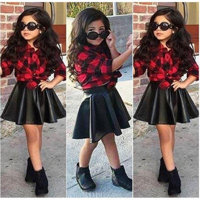 

Kid Toddler Girls 2PCS Clothes Princess Plaid Tops Shirt Leather Skirt Outfit