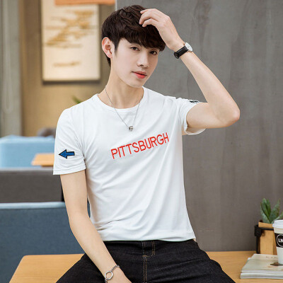 

Men Casual Short Sleeve Round Collar T-Shirt Contrast Stitching Embroidery Letters Loose Tops