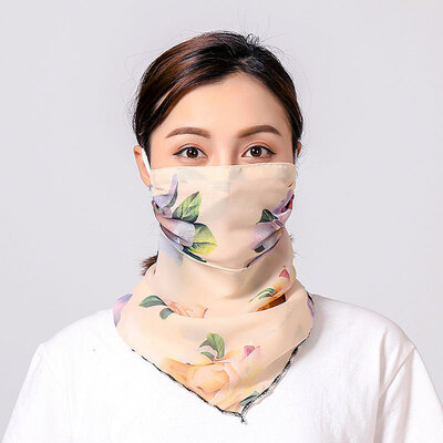 

19 summer sun protection neck chiffon mask female flowers antique elegant printing breathable mask square towel factory direct sales