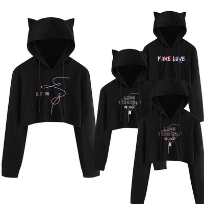 

Fashion Women Autumn Cropped Hoodies Geometric Letter Print Long Sleeves Drawstring Cat Hooded Pullover Top Sweatshirt