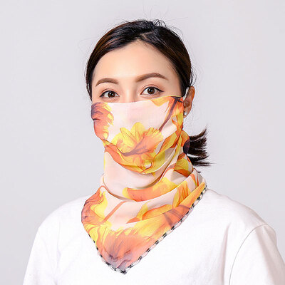 

19 summer sun protection neck chiffon mask female flowers antique elegant printing breathable mask square towel factory direct sales
