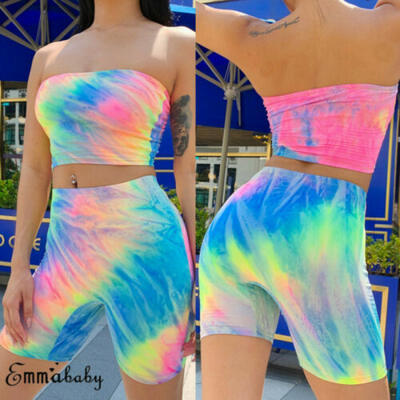 

Women 2 piece Playsuit Bodysuit Romper Sleeveless Crop Top Bandeau Shorts Pants