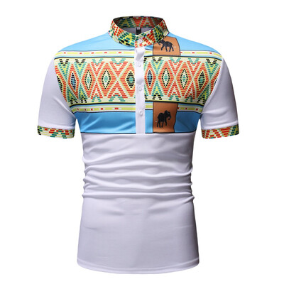 

Toponeto Men Casual Vintage African Print Short Sleeve Stand Collar T-Shirt Top Blouses