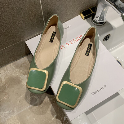

Flat-bottomed Square Head Single Shoes Women Summer Korean Edition Shallow-mouthed Square Button Bean Shoes with Soft-soled Mom Sh