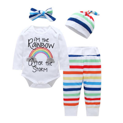 

4pcsSet Infants Baby Cute Rainbow Romper Stripe Pants Headband Hat Outfits