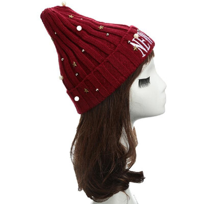 

New Unisex Women Men Beanie Hat Letter Embroidery Pearl Star Solid Warm Hip-Hop Cool Knitted Cap Headwear