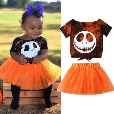 

Kids Baby Girls Halloween Clothes Skull T-Shirt Tops Tutu Dress Skirt Outfits UK