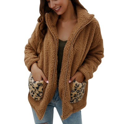 

Toponeto Women Leopard Print Fleece Long Sleeves Cardigan Zipper Keep Warm Coat