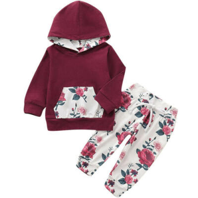 

Newborn Kid Baby Girl Rose Printing Hooded Tops Long Pants 2pcs Outfits Set 0-2T