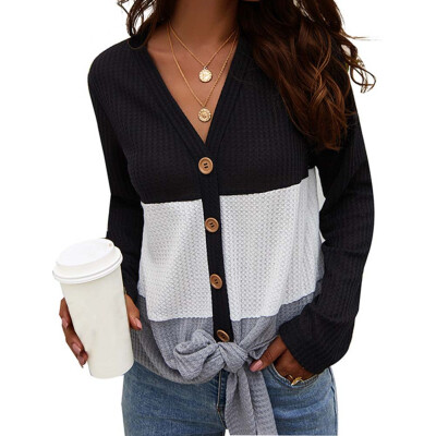 

Fashion Women Long-Sleeved Sweater New V-Neck Stitching Knitted Top Lace Up Hem Button Blouse