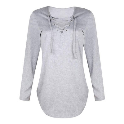 

T-shirts Autumn Fashion Women Long Sleeve Winter Sexy Deep V Neck Bandage Shirts Women Lace Up Tops Tees Clothes Solid