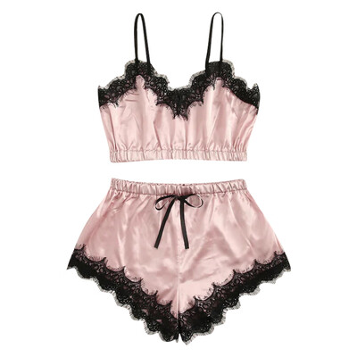 

Toponeto Women Sleepwear Sleeveless Strap Nightwear Lace Trim Satin Cami Top Pajama Sets