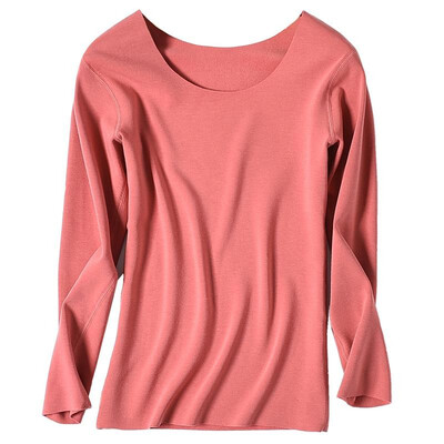 

Fashion Women Autumn Solid Color T-Shirt Seamless O Neck Long Sleeve Warm Thin Soft Bottoming Top